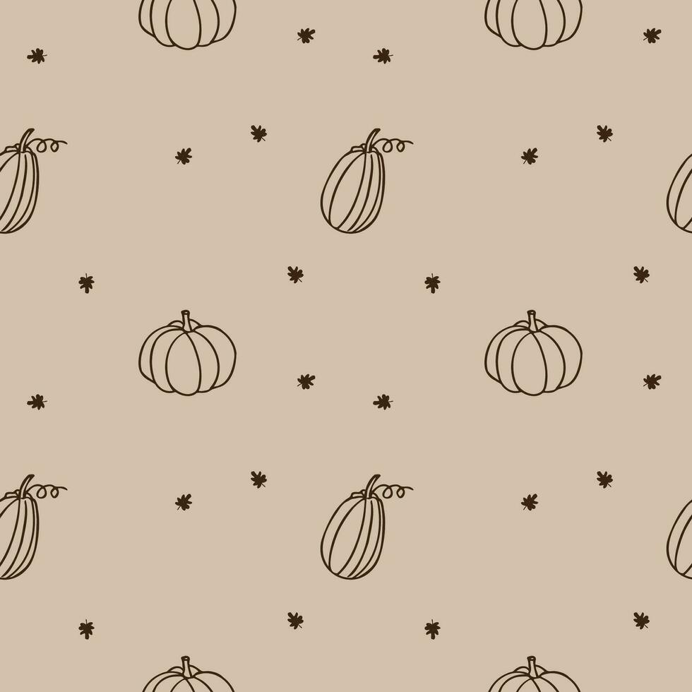 Autumn seamless pattern boho style with pumpkins and fall leaves. Vector illustration of autumn ornament repetitive background. For textile, wrapping, card, polygraph, print, wallpaper. Hand drawn