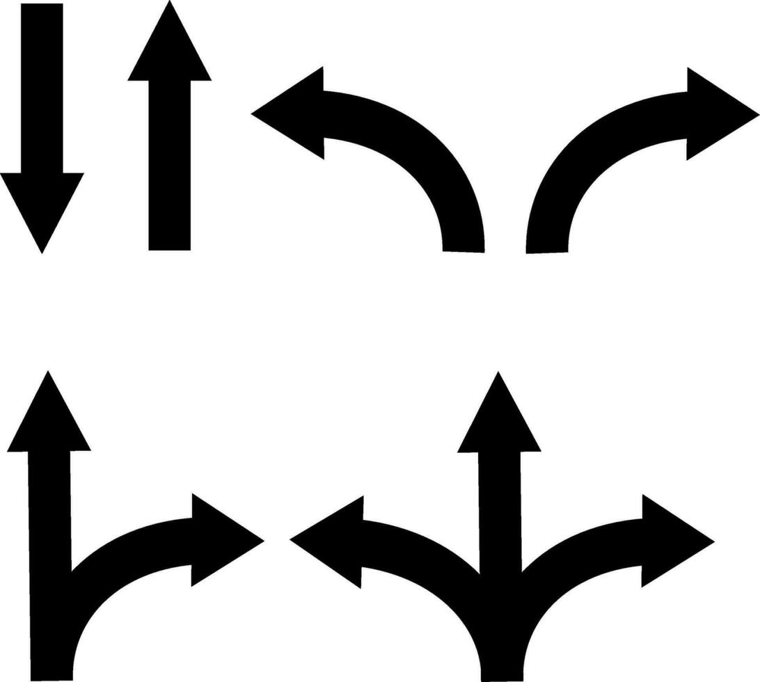 Road way arrow icon set. Fork sign, two way, three way arrow. Right and left direction in vector flat style. Replaceable vector design.