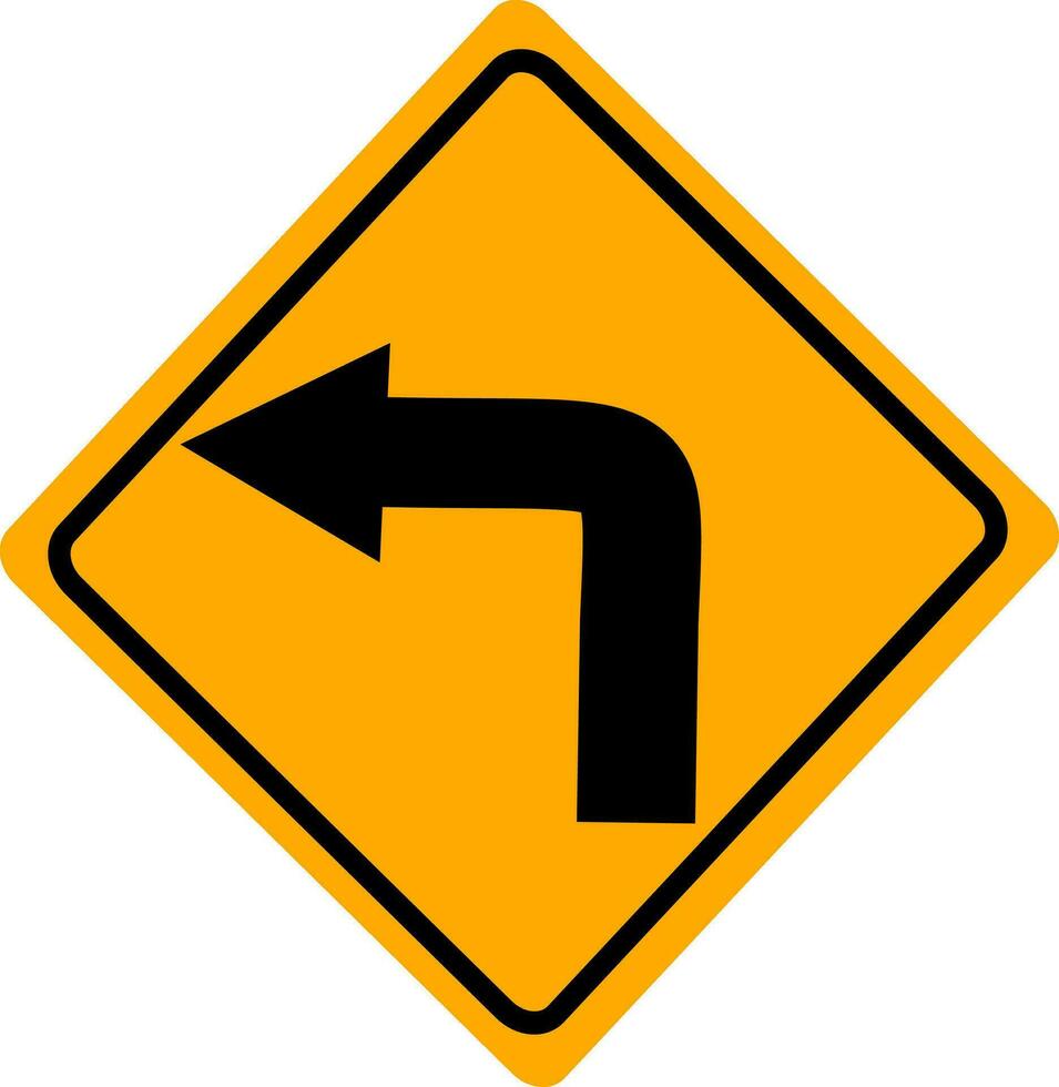 Turn left traffic road sign. Vector Illustration, Isolated on yellow background. Replaceable vector design.