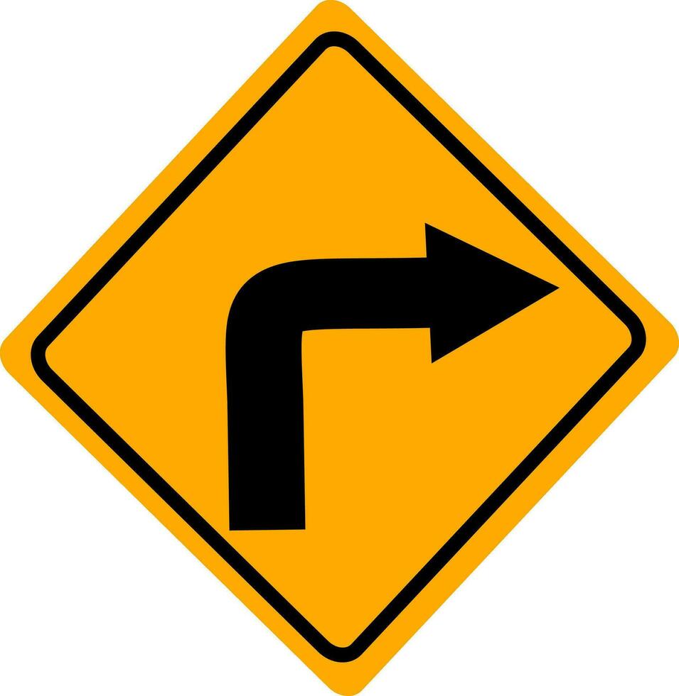 Turn right traffic road sign. Vector Illustration, Isolated on yellow background. Replaceable vector design.