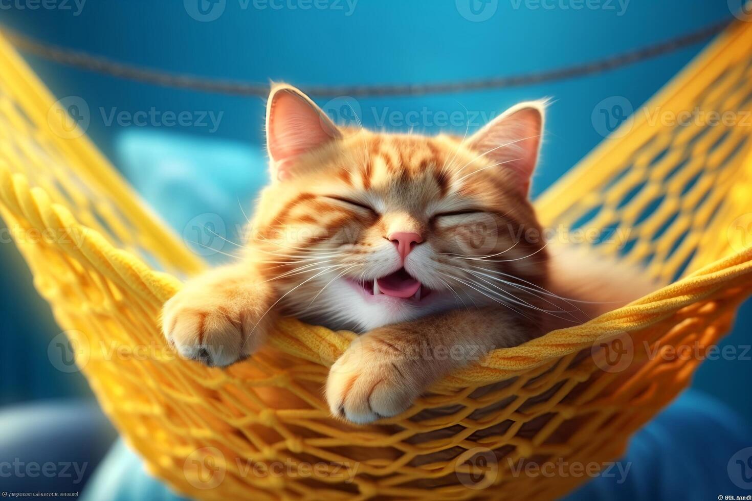 Cute ginger kitten sleeping in a hammock. International cat day. Generative AI photo