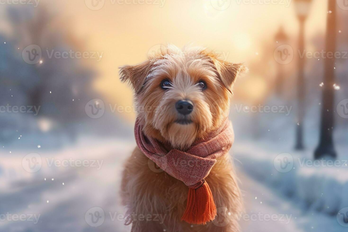 Adorable Fluffy Dog Pet Wearing Neck Scarf Walking in the Road Snowy photo