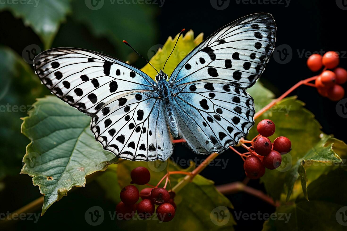 Common Pierrot Butterfly Alight Insect on Leaves in Forest with Beautiful Blue Wings photo