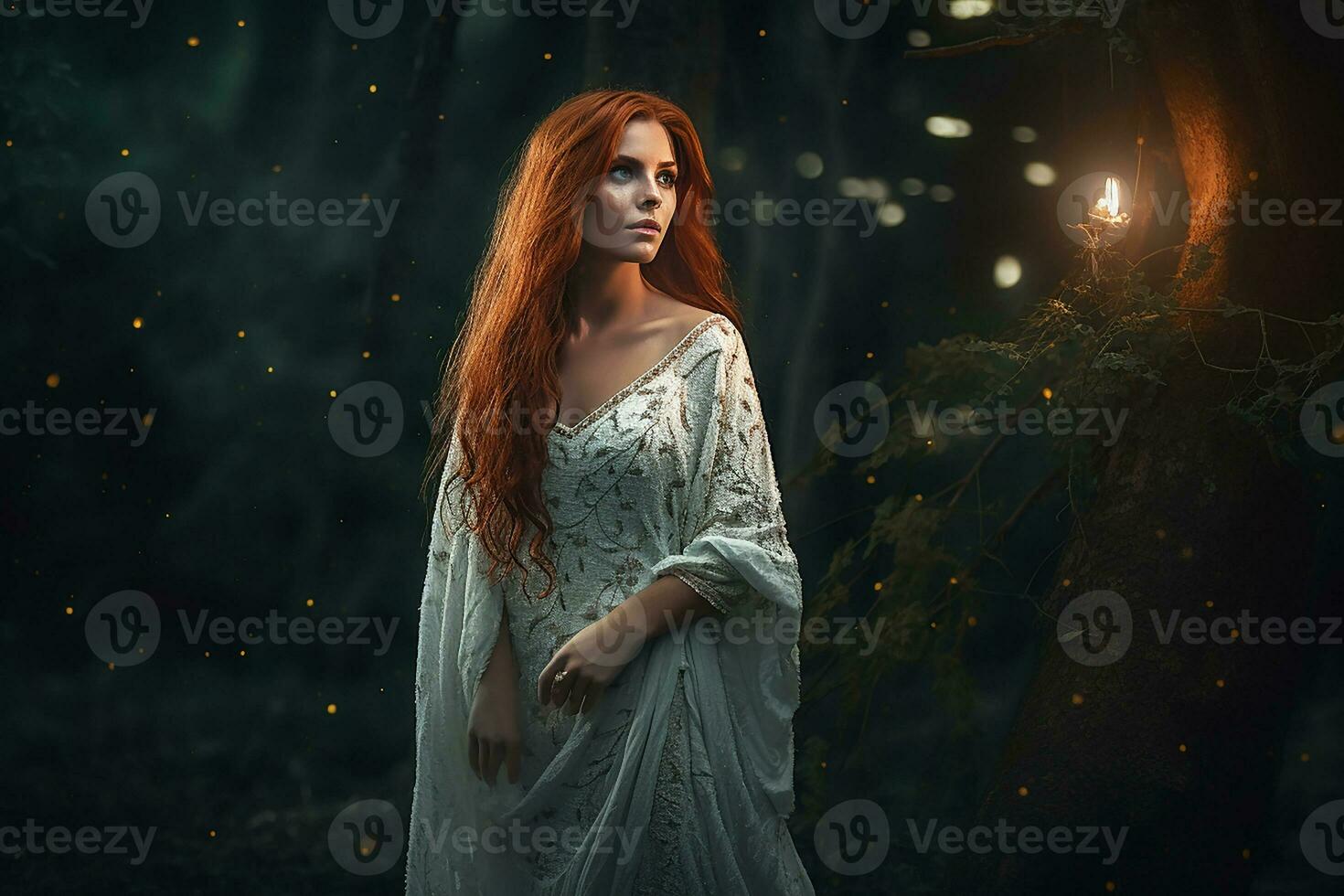 Beautiful Girl Wearing White Dress in the Woods at Night with the Light Fireflies Mesmerizing Aura photo