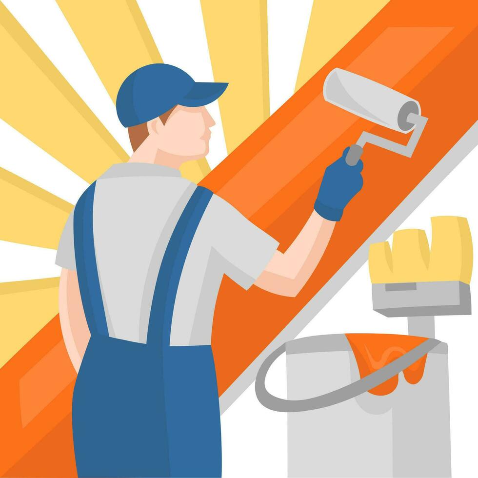 Painter in uniform with paint roller and orange paint bucket with brush during painting service works and orange stripe on background - vector image. Different professions concept