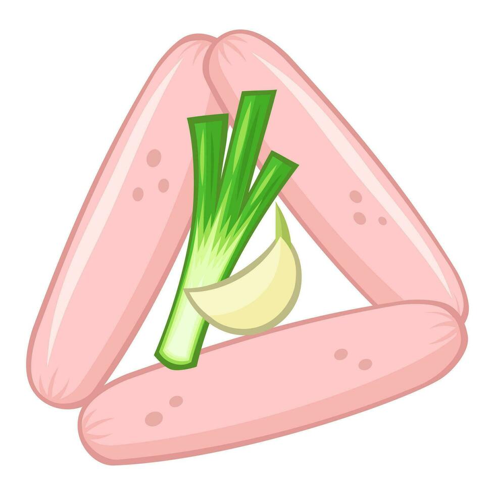 Vector milk pink chicken sausages with green onion and garlic