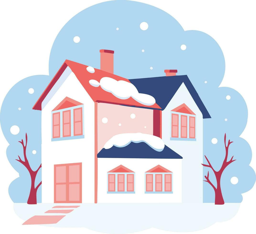 Hand Drawn Christmas house with snow in flat style vector