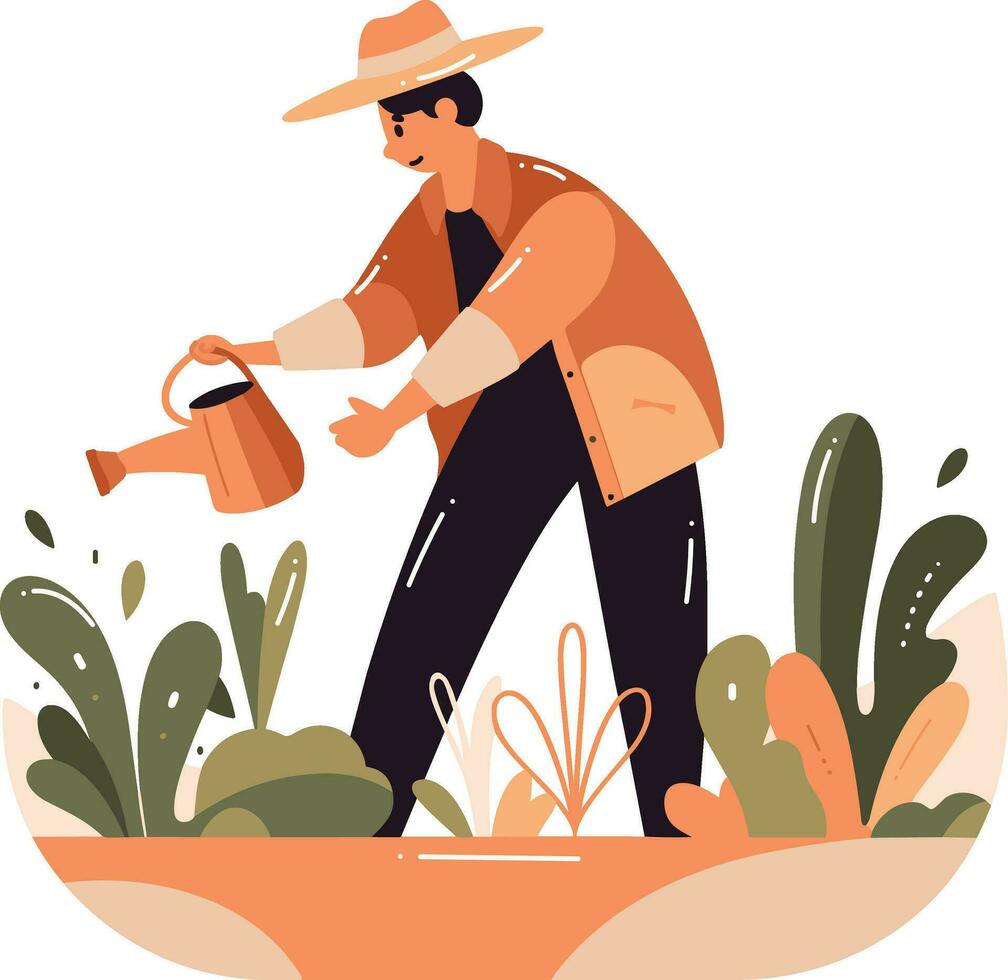 mano dibujado granjero plantando vegetales en plano estilo vector