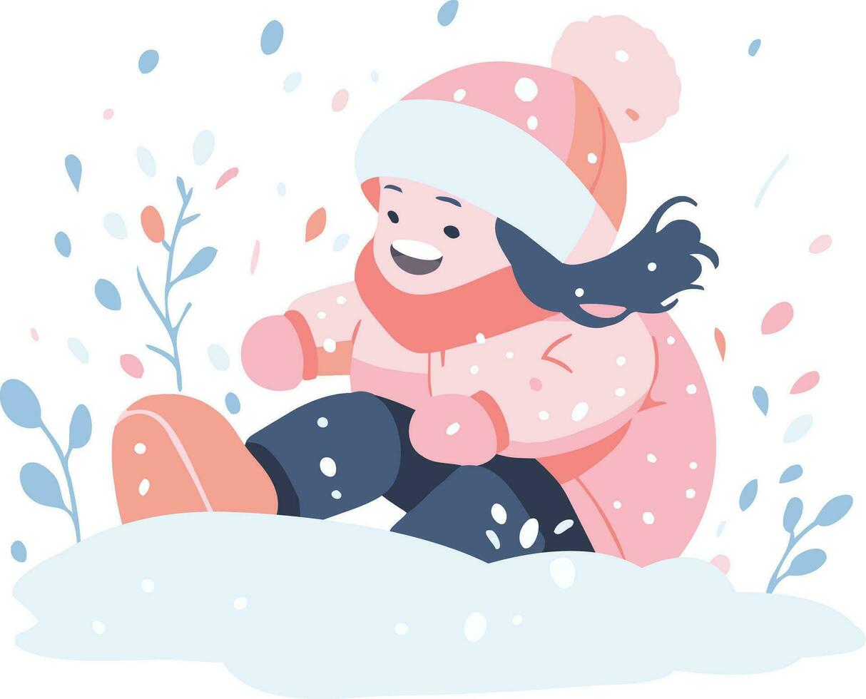 mano dibujado niños jugando en el nieve a Navidad en plano estilo vector