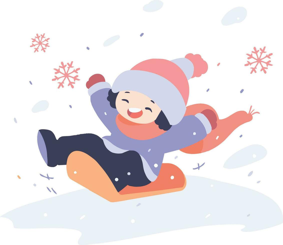 mano dibujado niños jugando en el nieve a Navidad en plano estilo vector