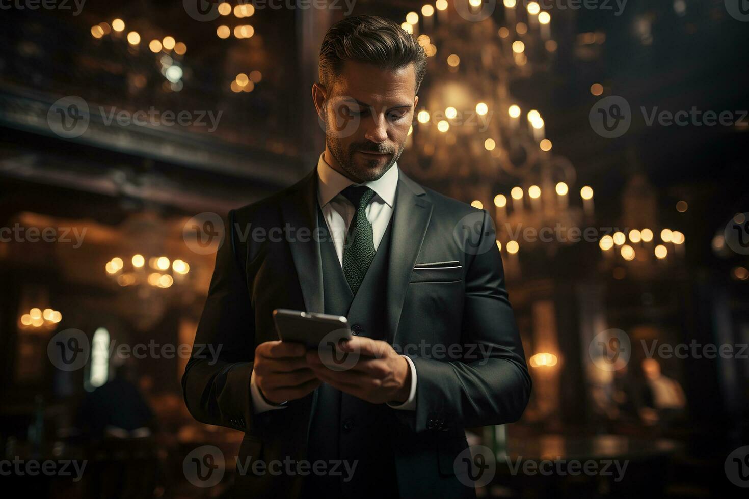 Businessman Wearing Neat Suit Holding Mobile Phone for Easier Communication photo