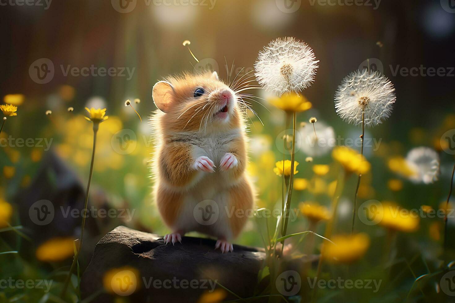 linda salvaje hámster jugando en un floración prado disfrutando hermosa diente de león en el Mañana foto