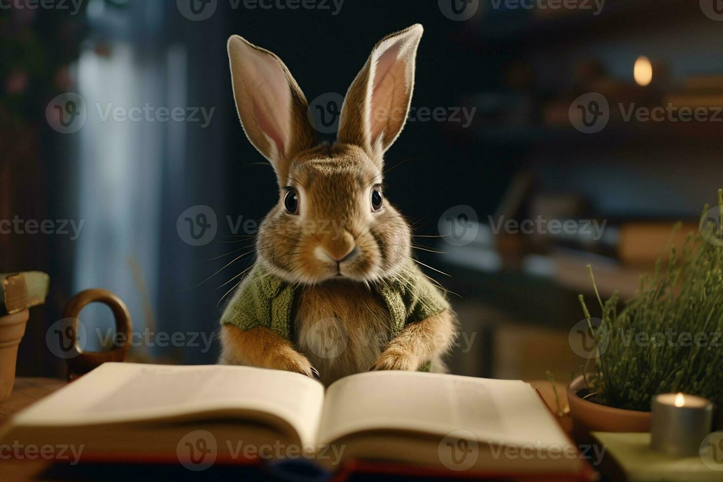 Cute Brown Bunny Rabbit Reading a Book in the Room Looks Diligent and Smart photo