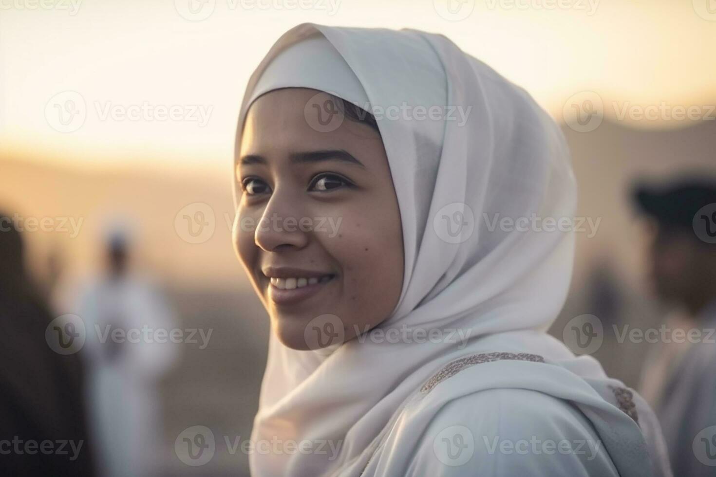 Side View of a Beautiful Asian Moslem Woman Wearing Arabian Hajj Clothes in Arabian Desert photo
