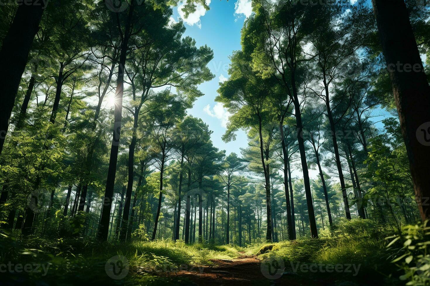 Nature View of Trees in Forest Nature Environment with Sunlight on Blue Sky photo