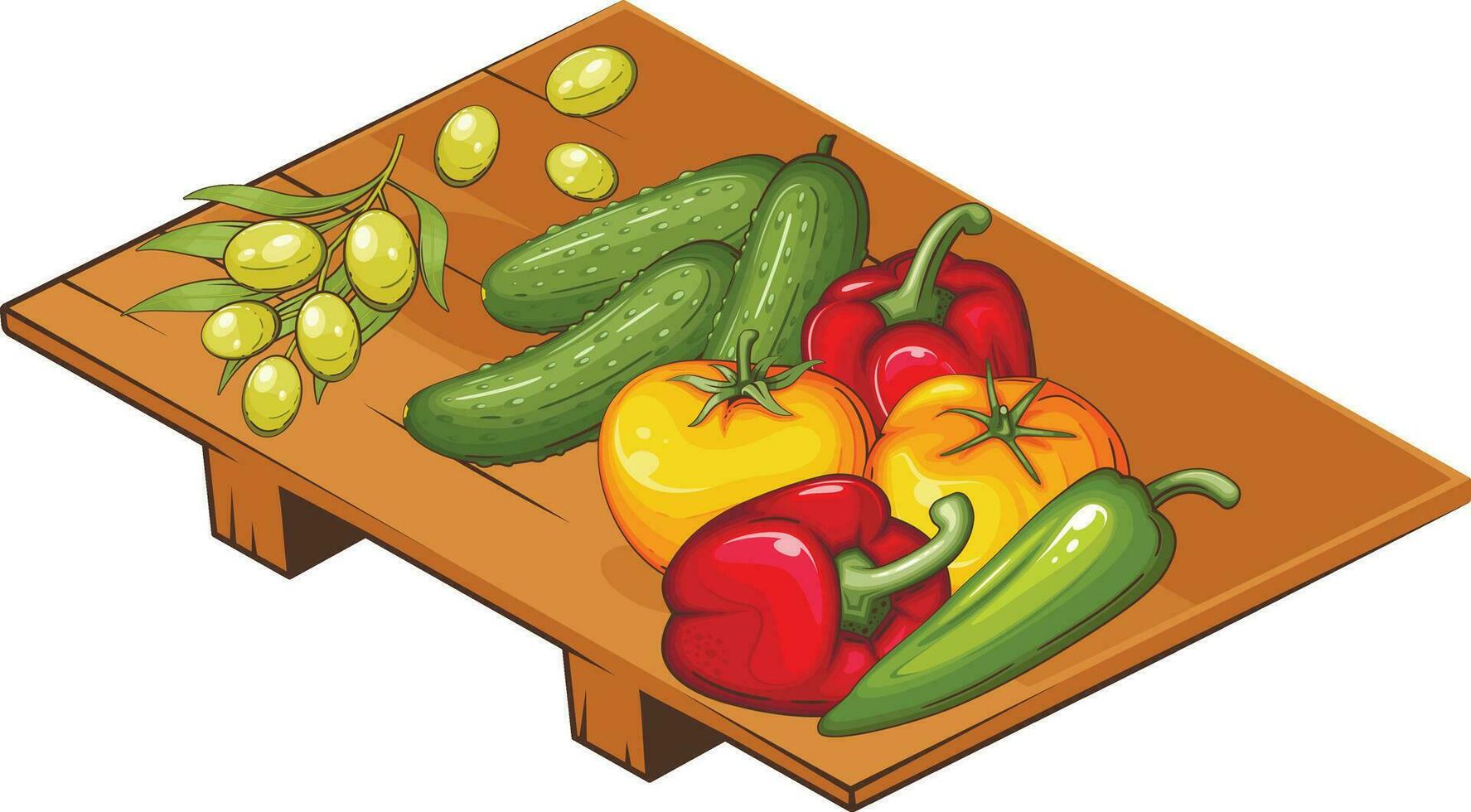 Fresh Vegetables Illustration, Vegetables Mix of Potato, Tomato, Olives, Cucumbers, Bell Pepper on a plate vector