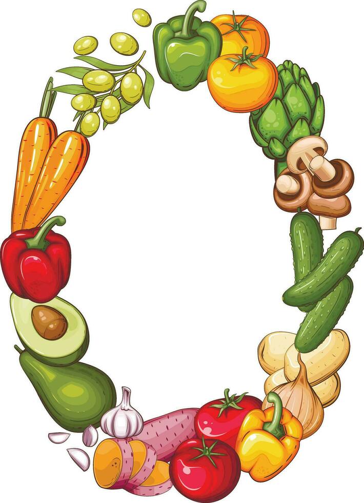 Fresh Vegetables Illustration, Vegetables Mix, Vegetables Frame, Vegan Food Organic Veggies arrangement. Food Frame vector