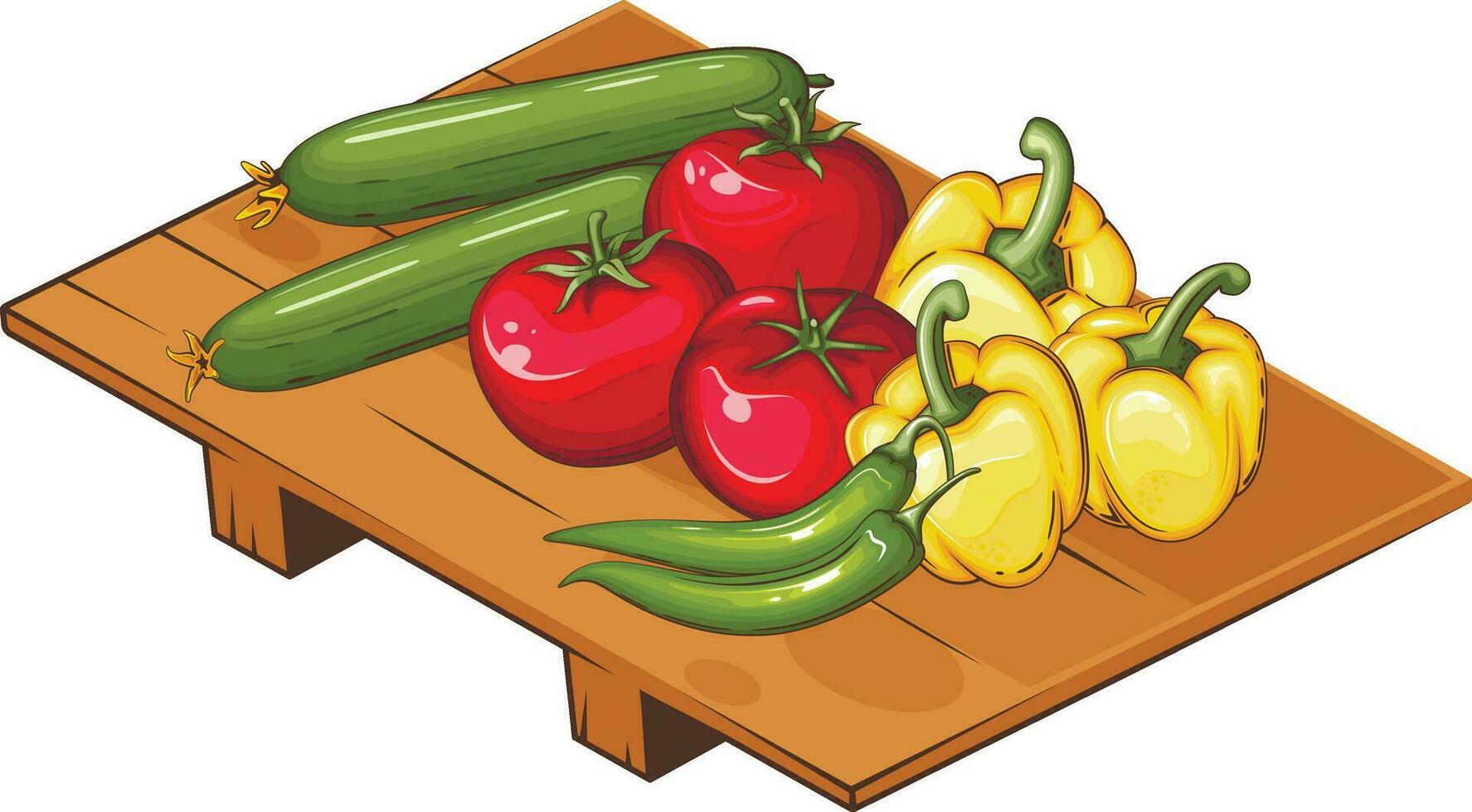 Fresh Vegetables Illustration, Vegetables Mix of Tomato, Cucumbers, Chilli Pepper and Bell Pepper on a plate vector