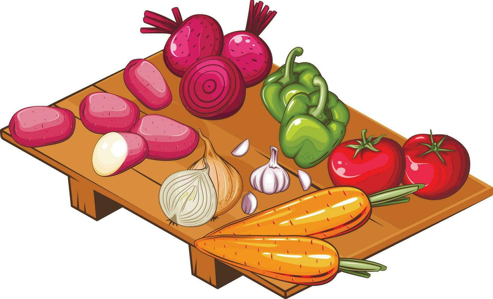 Fresh Vegetables Illustration, Vegetables Mix of Potato, Tomato, Onion, Carrot, Garlic, Beet and Bell Pepper vector