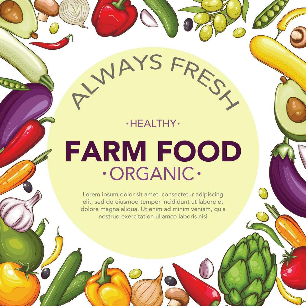 Fresh Vegetables Illustration, Vegetables Mix, Vegetables Frame, Vegan Food Organic Veggies arrangement. Food Frame vector