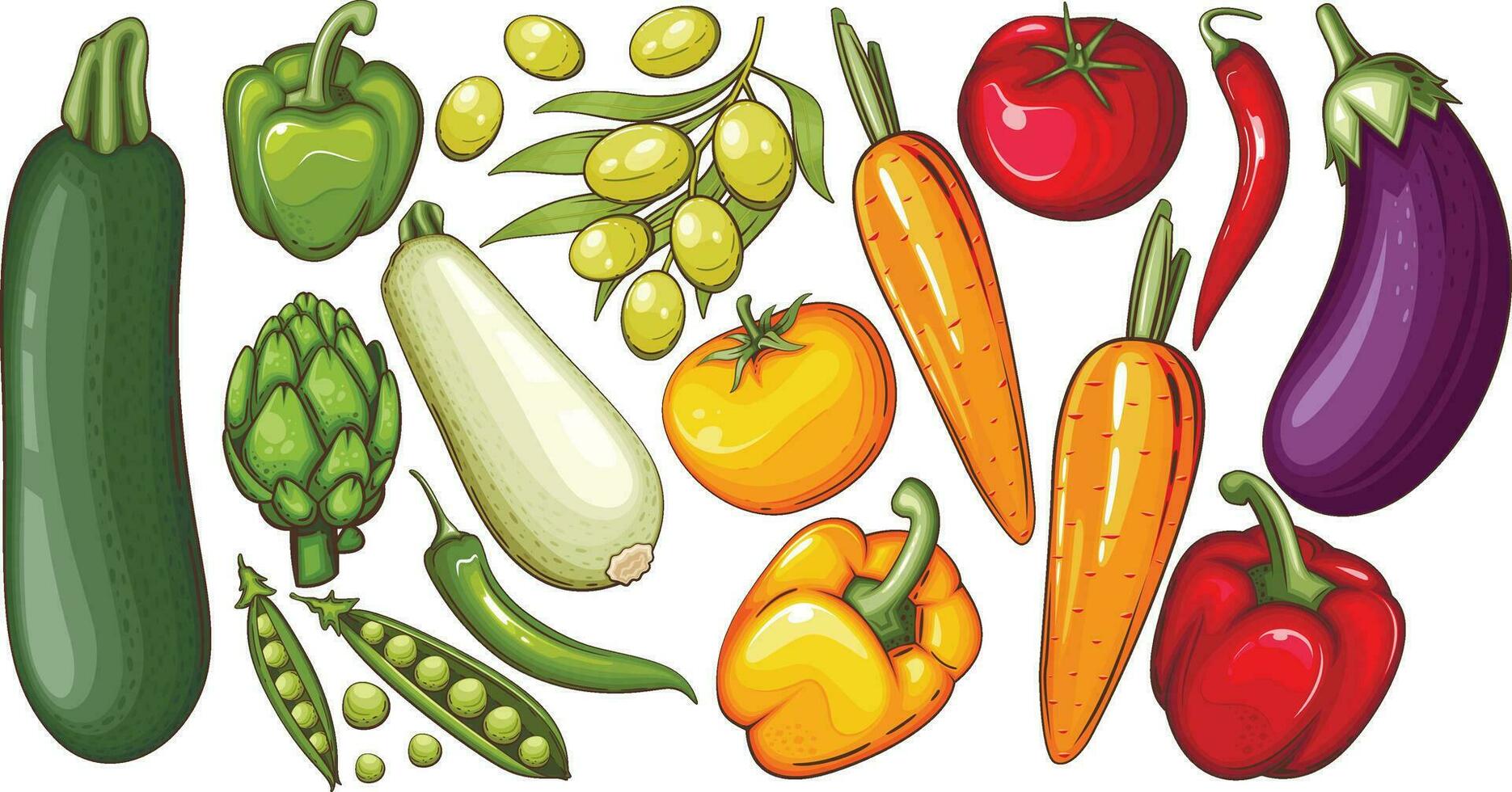 Fresh Vegetables Illustration, Vegetables Mix of zucchini, Tomato, Onion, Carrot, Garlic, artichoke, green pea, olives and Bell Pepper vector