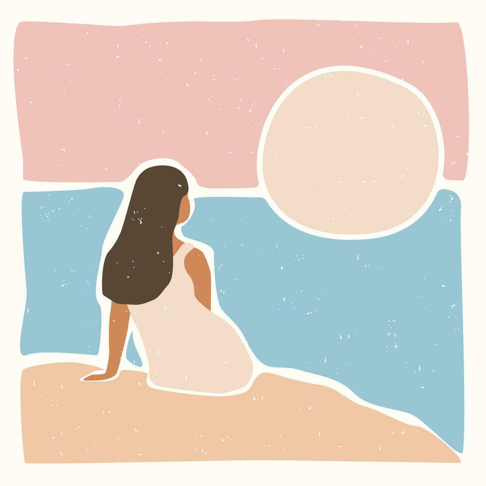 moderno resumen minimalista paisaje póster. mujer mirando en amanecer. espalda a naturaleza. pastel colores. boho medio siglo Arte impresión. plano diseño. valores vector ilustración