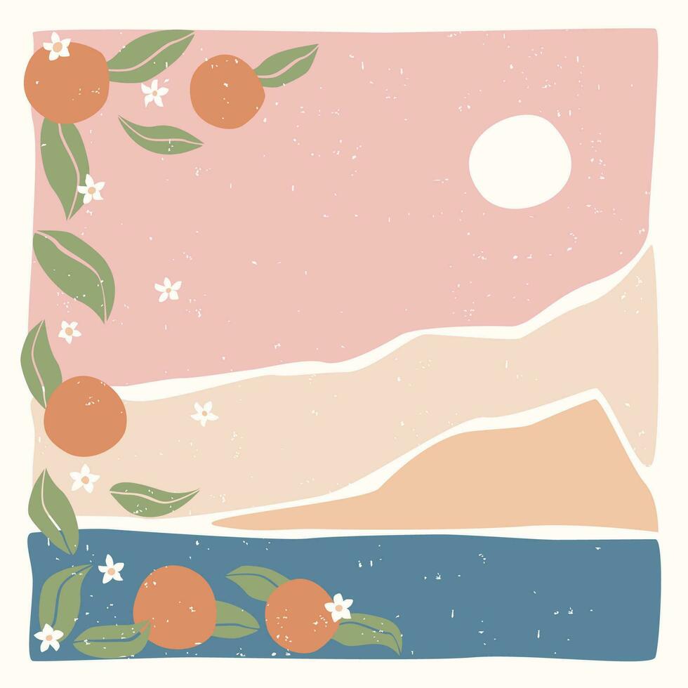 Modern abstract minimalist landscape poster.  Sea beach with oranges and flowers. Pastel colors. Boho mid-century  art print. Flat design. Stock vector illustration