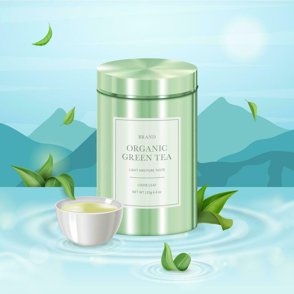 Realistic Detailed 3d Green Tea Natural and Pure Taste Concept Background. Vector