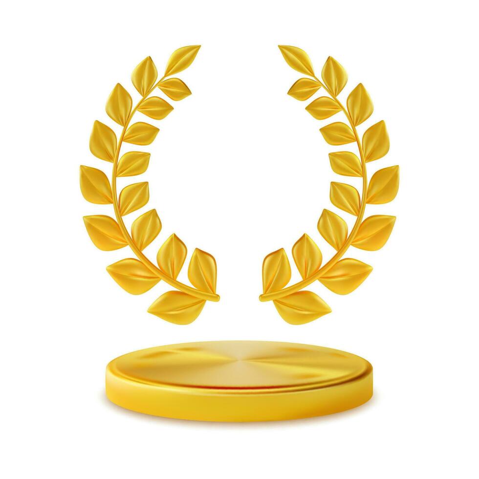 3d Gold Laurel Wreath and Award Round Podium Cartoon Style. Vector