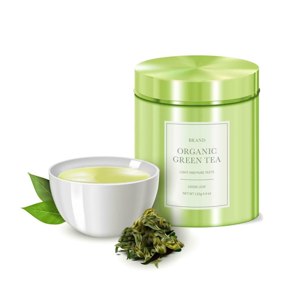 realista detallado 3d orgánico verde té metal estaño y taza Fresco y seco té hojas colocar. vector