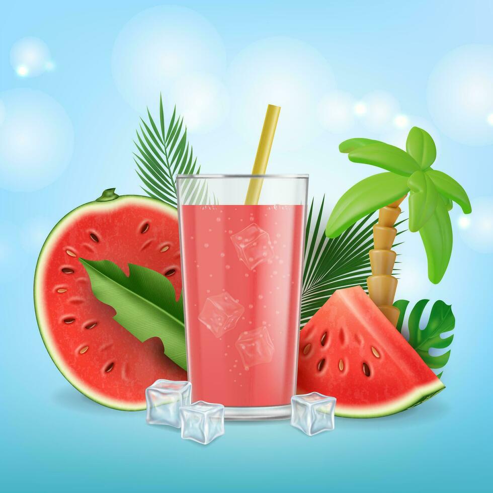 Realistic Detailed 3d Watermelon Fresh Juice Concept Background. Vector