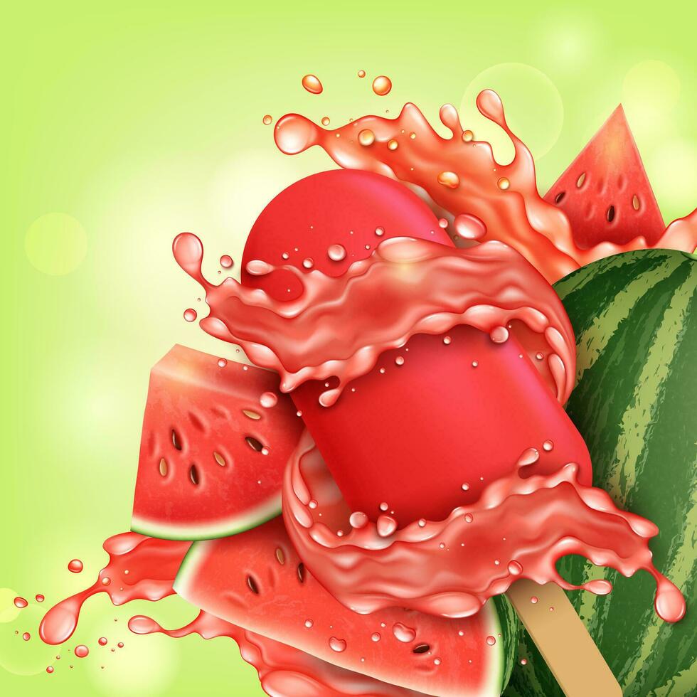 Realistic Detailed 3d Watermelon Ice Popsicle Concept Background. Vector
