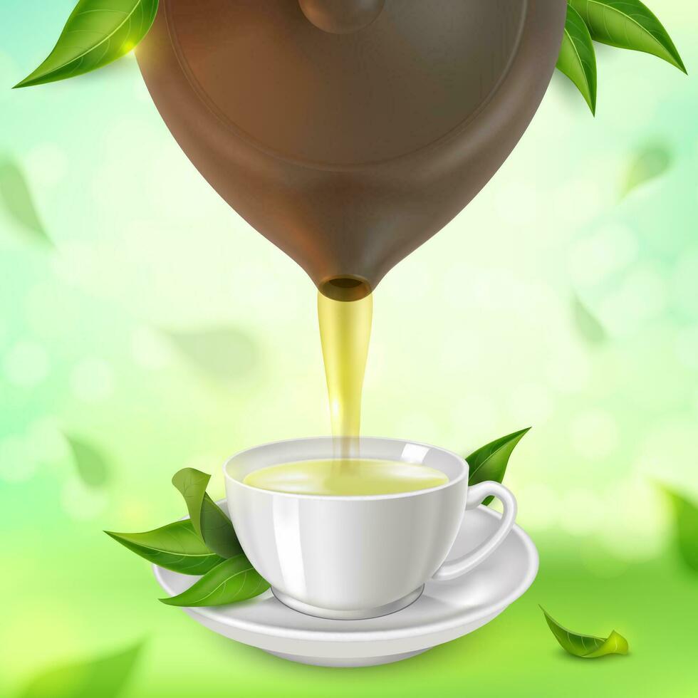 Realistic Detailed 3d Green Tea Fresh Loose Leaf Pure Taste Concept Background with Teapot Pouring Tea into Cup. Vector