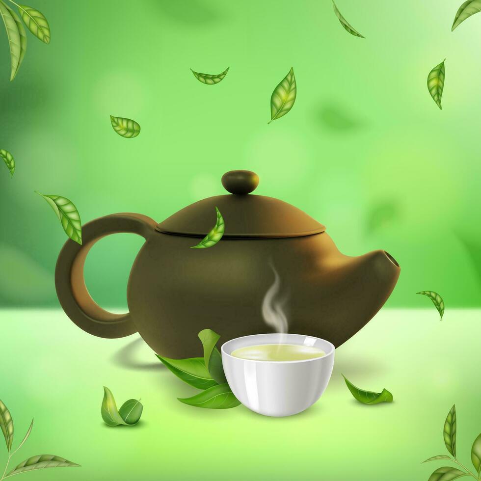 Realistic Detailed 3d Green Tea Concept Background. Vector