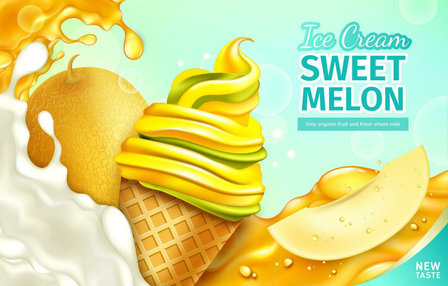 Realistic Detailed 3d Ice Cream Sweet Melon Ads Banner Concept Poster Card. Vector