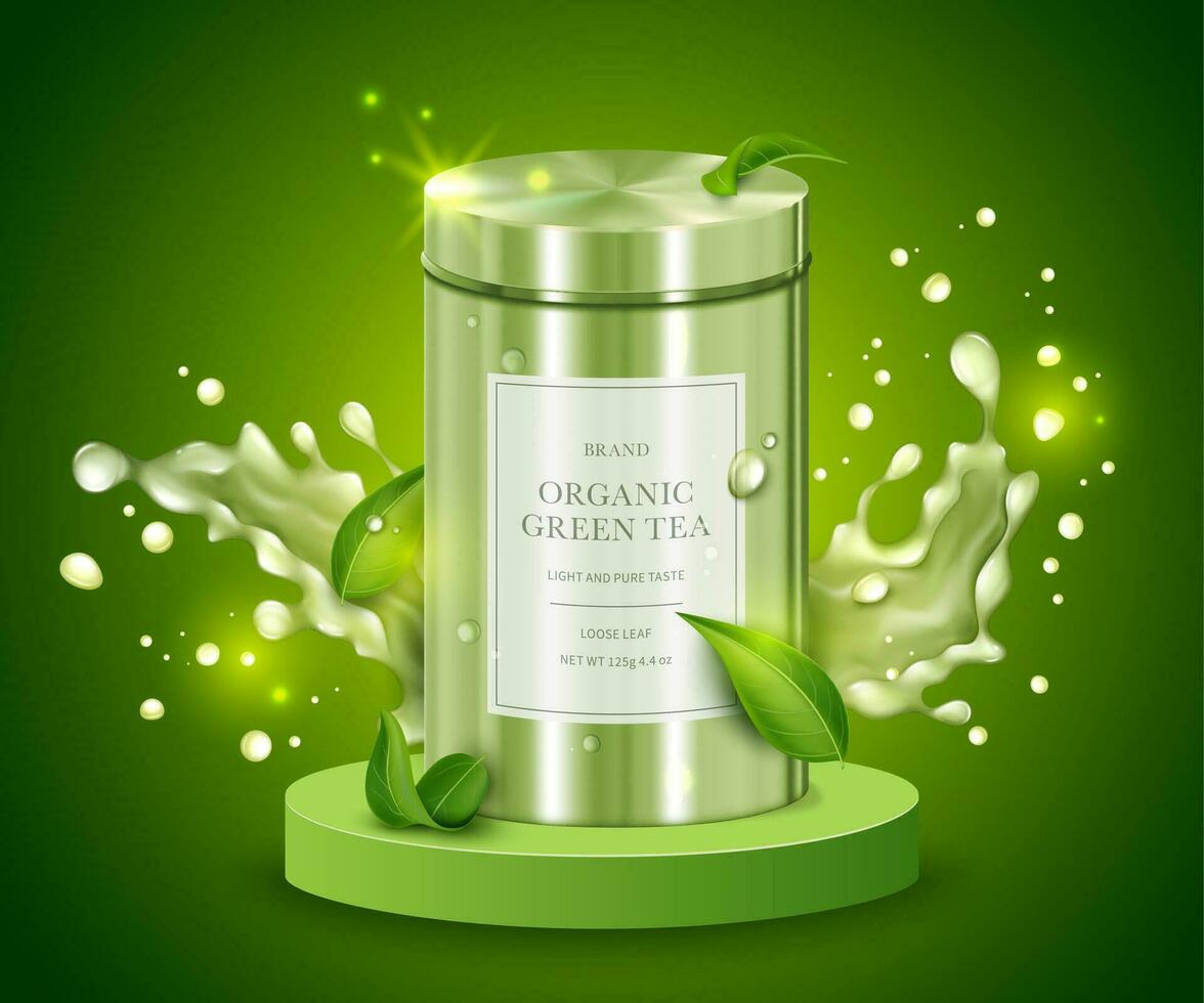 Realistic Detailed 3d Organic Green Tea Metal Tin with Splashing and Vibrant Leaves on Podium. Vector