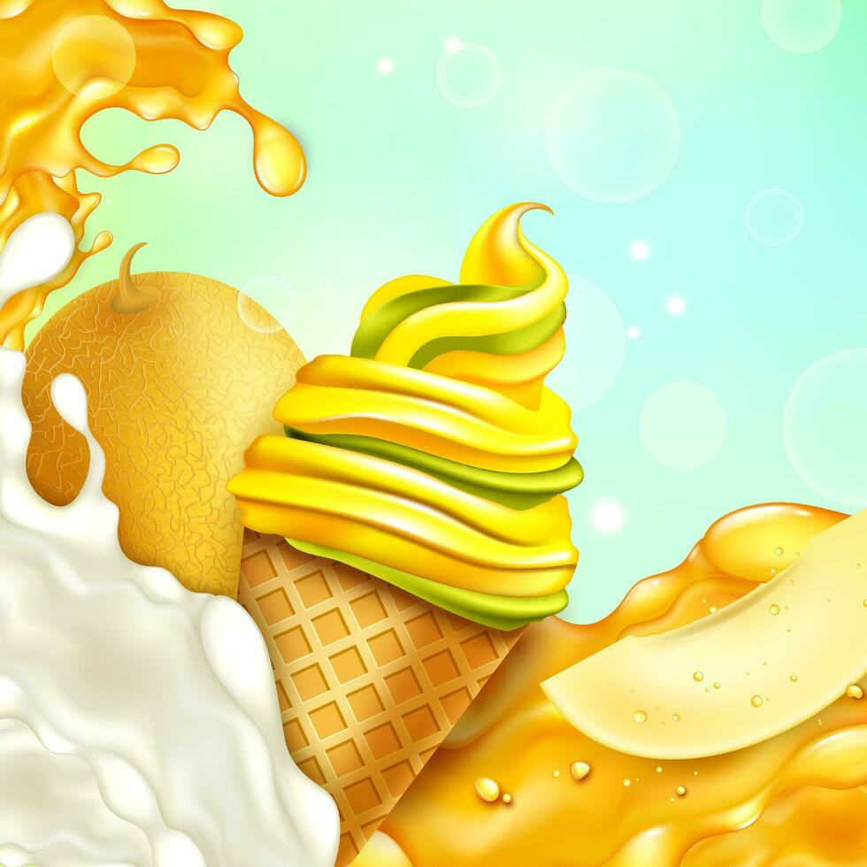 Realistic Detailed 3d Ice Cream Sweet Melon Concept Background. Vector