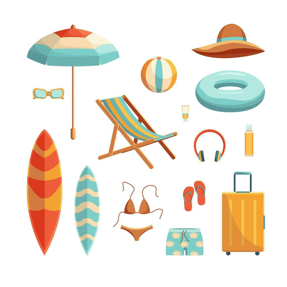 Cartoon Color Different Beach Accessories Set. Vector