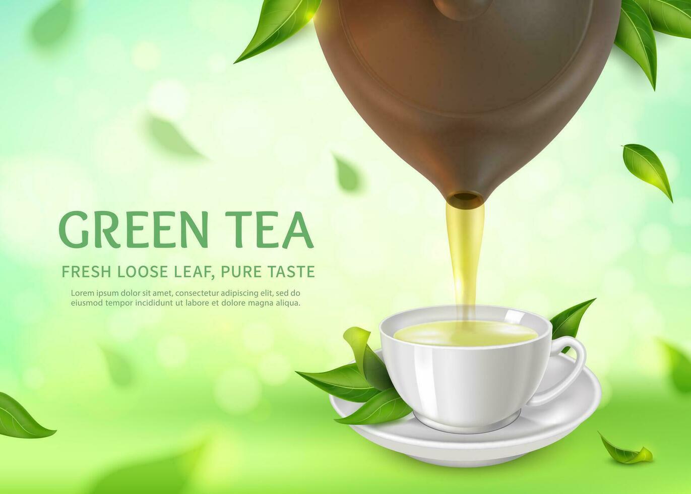 Realistic Detailed 3d Green Tea Fresh Loose Leaf Pure Taste Ads Banner Concept Poster Card. Vector