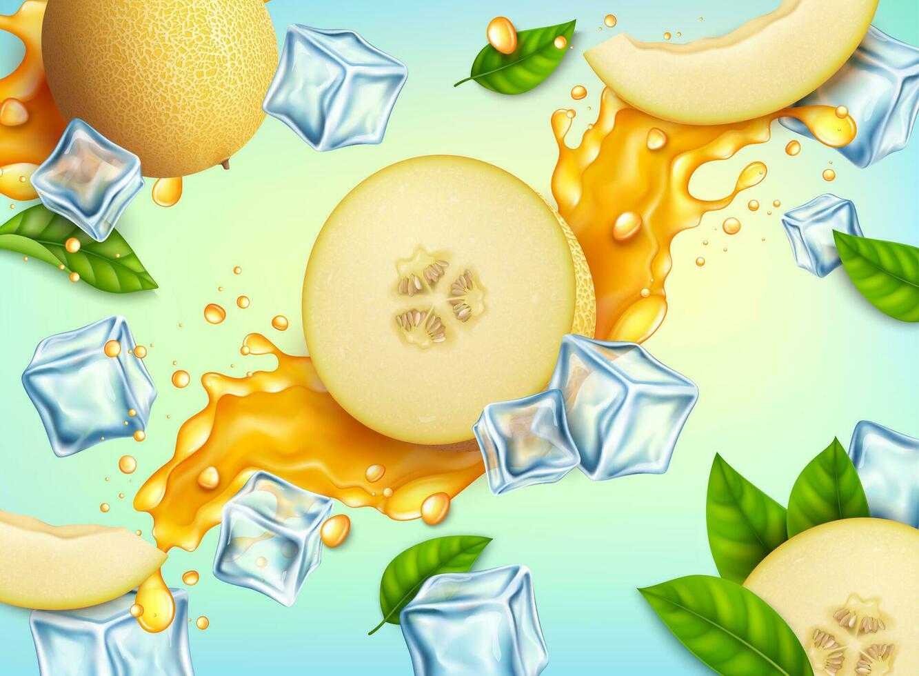 Realistic Detailed 3d Half Fresh Melon with Splash Juice Freshness Drink Concept Background. Vector