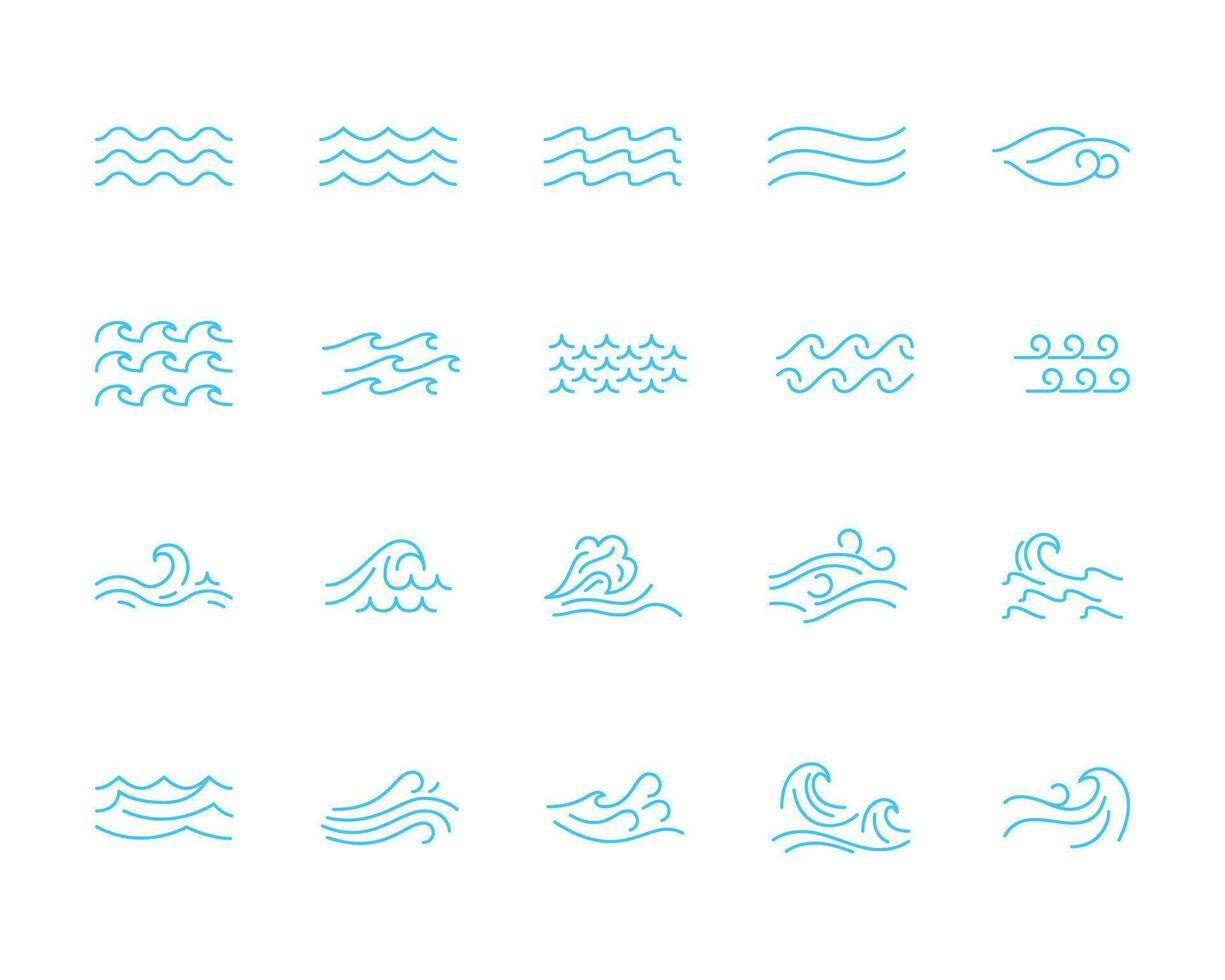 Different Types Water Wave Blue Thin Line Icon Set. Vector