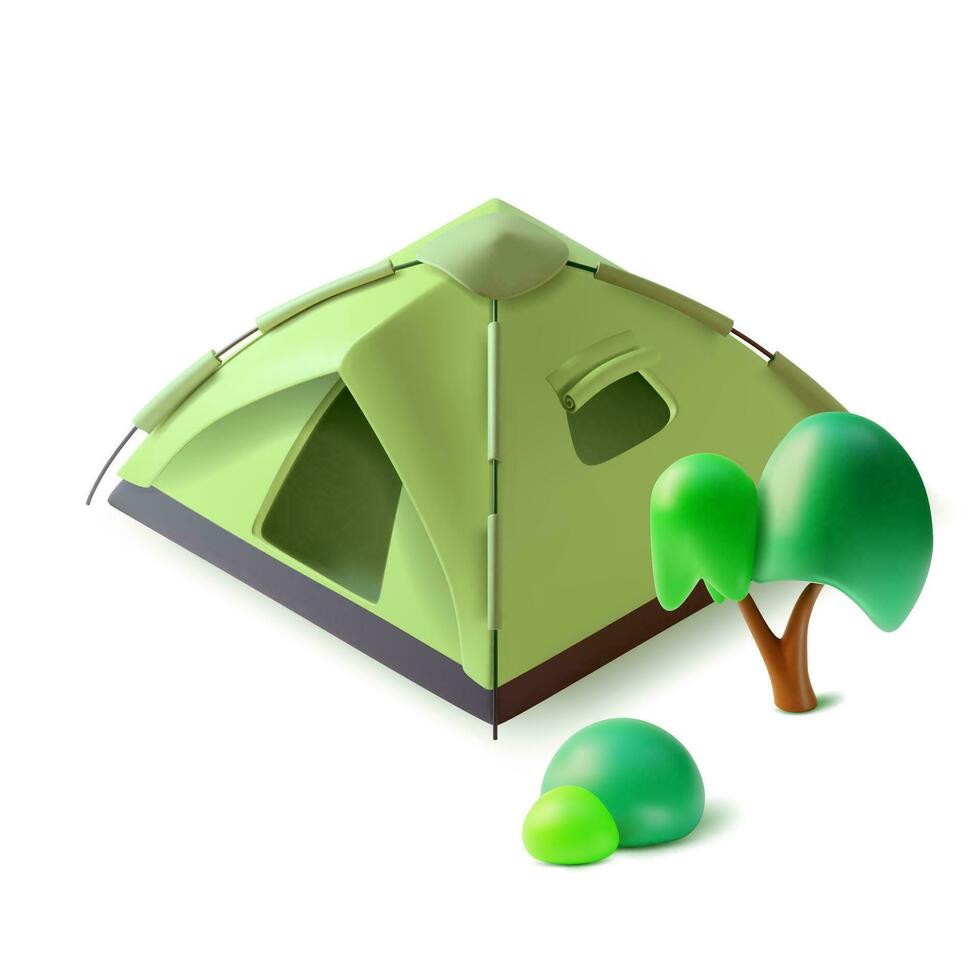 3d verde cámping tienda textil con árbol y arbusto dibujos animados estilo. vector