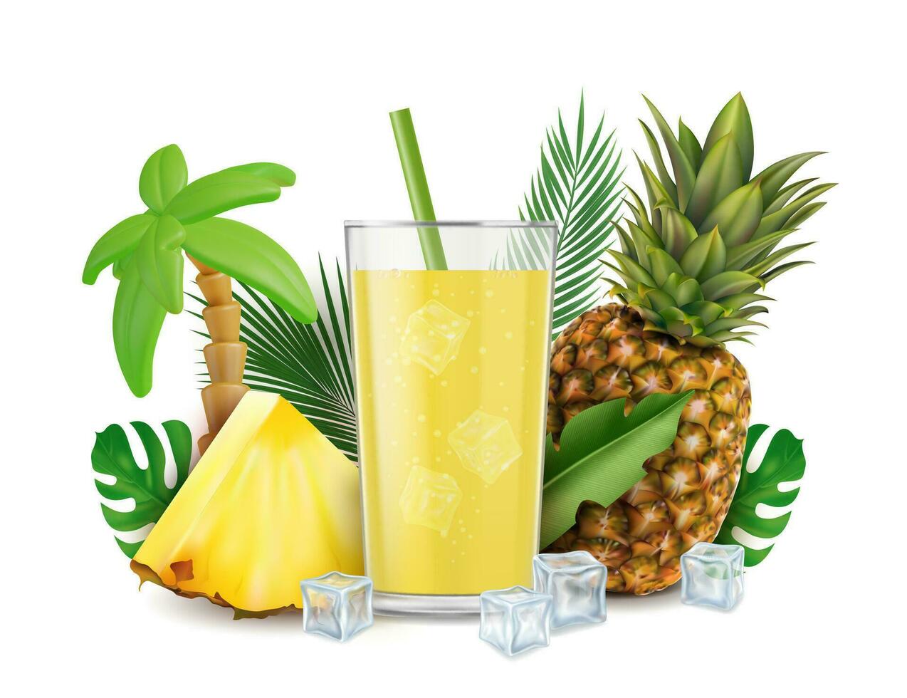Realistic Detailed 3d Pineapple Fresh Juice Concept Background. Vector