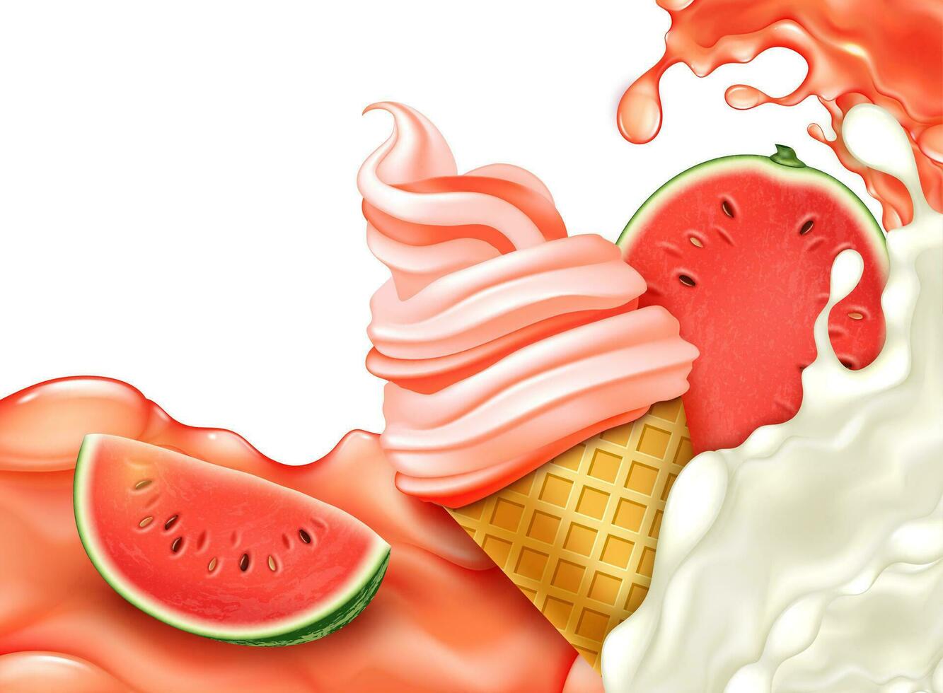Realistic Detailed 3d Sweet Watermelon Ice Cream Concept. Vector