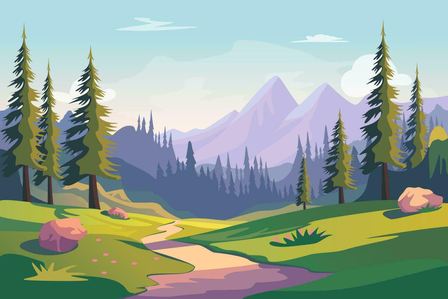 Cartoon Color Forest with Meadow, Trees, Bushes and Mountains Landscape Scene Concept. Vector