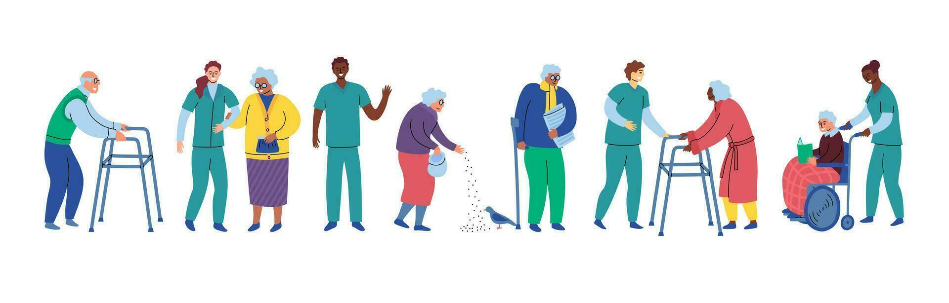 Cartoon Color Characters People Elderly and Social Workers Concept. Vector