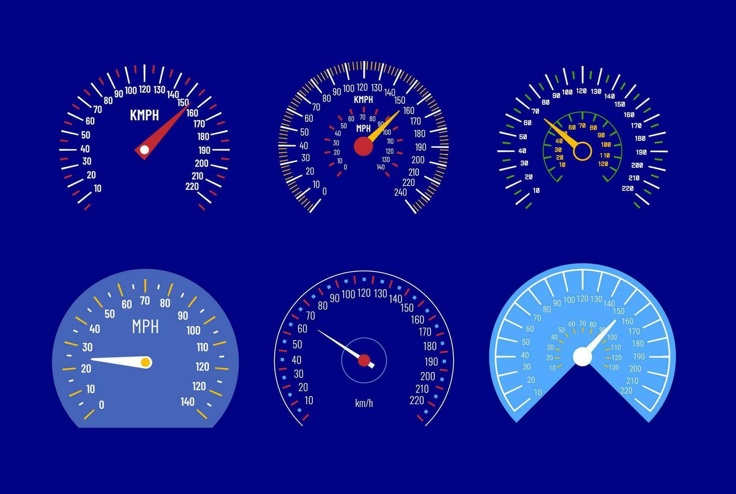 Cartoon Color Different Types Speedometer Set. Vector