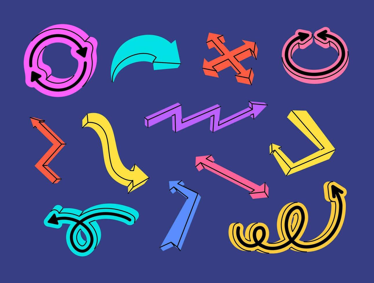 Cartoon Different Types Colored Arrows Symbols Set. Vector