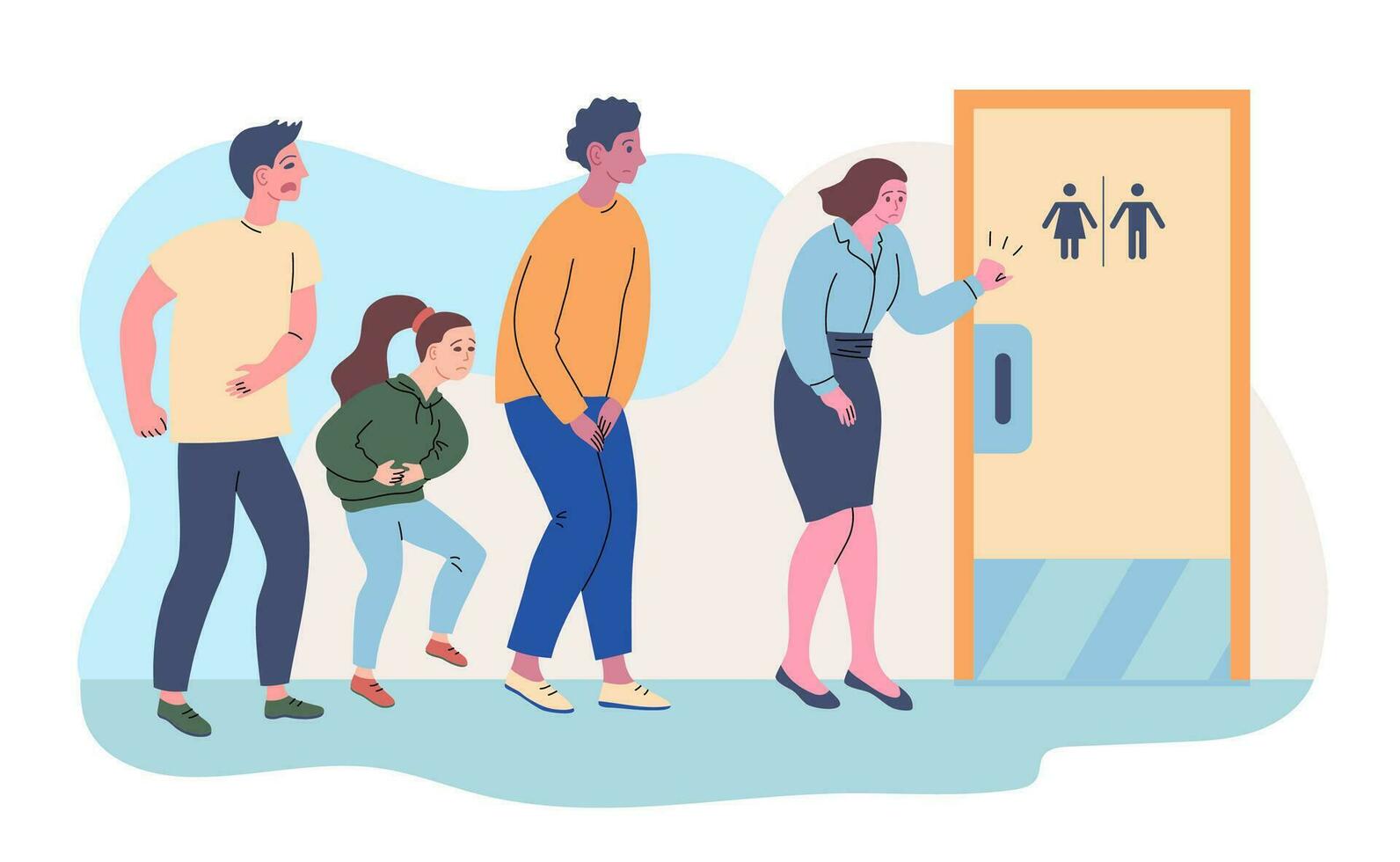 Cartoon Color Characters People and Queue To Toilet. Vector