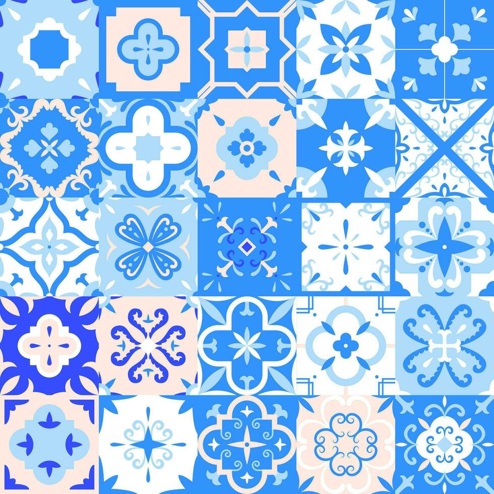 Cartoon Color Portuguese Tiles Azulejo Traditional Background. Vector